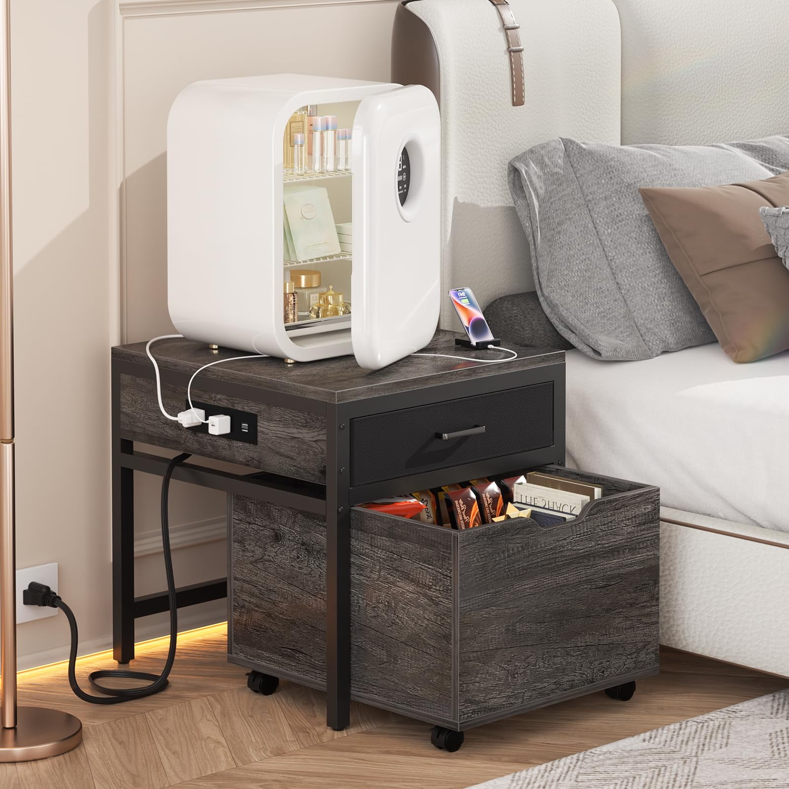 Homieasy Mini Fridge Stand with Drawer Storage & Sockets, Heavy Duty Mini Refrigerator table with Rolling Cabinet for Dorm, Apartment, Office, Mini Fridge and Microwave Stand,Black Oak