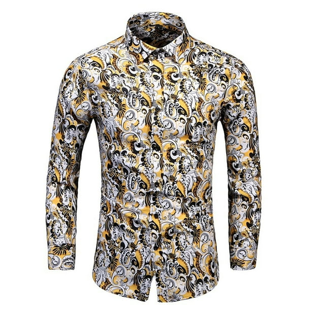 Camisa estampada para hombre, camisa de temperamento ajustada, camisa informal de manga larga con solapa Floral para hombre, camisa de talla grande versión coreana para hombre Pompotops oipoqjl50372