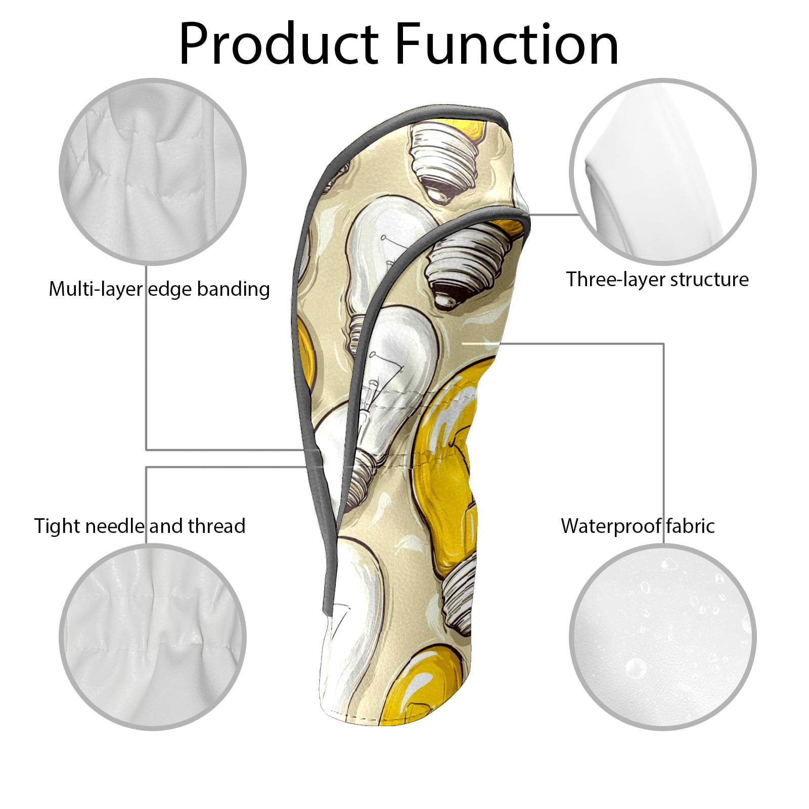 Golf Club Head Covers - Light Bulb Pattern, PU Leather, Waterproof, Fits Fairway Woods/Hybrid, Unisex, Fits Most Brands