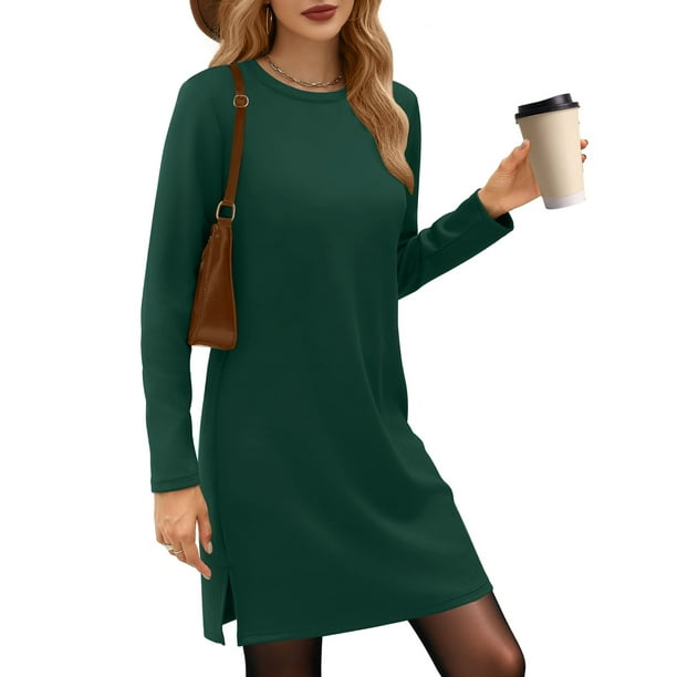 UVN Vestidos para Mujer Otoño Invierno Manga Larga Cuello Redondo Casual Jersey Sudadera Vestido con Abertura Lateral