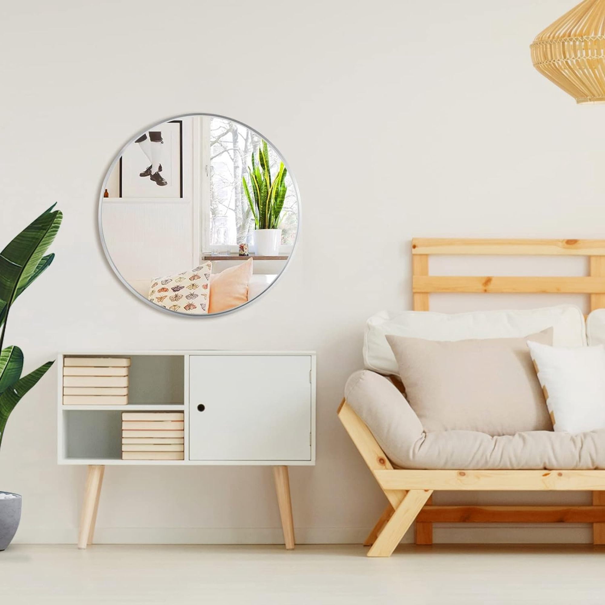 32" Round Wall Mirror,Modern Circle Mirror Hanging or Wall Mounted,Silver
