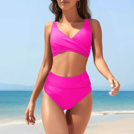 Tankini Set  Retro Wrap High Waist Bikini Piece Swimsuit Print Tow Set Piece Women Vintage Front Two Ruched Swimwears Crisscross Set Pink Women Swimwears M