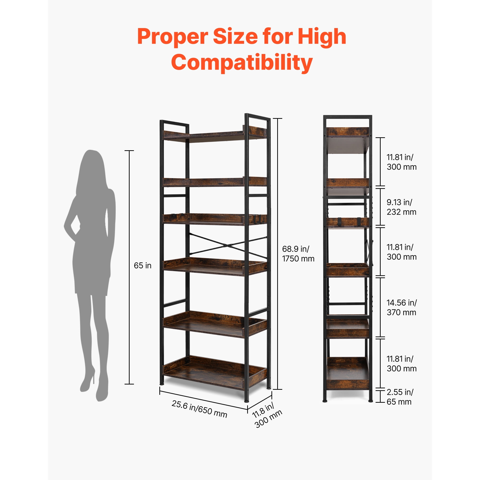 KFFKFF Industrial 6-Tier Bookshelf, Vintage Ladder-Style Shelf with Metal Frame, Open Shelving Unit for Living Room, Bedroom, Kitchen, Home Office, Rustic Brown
