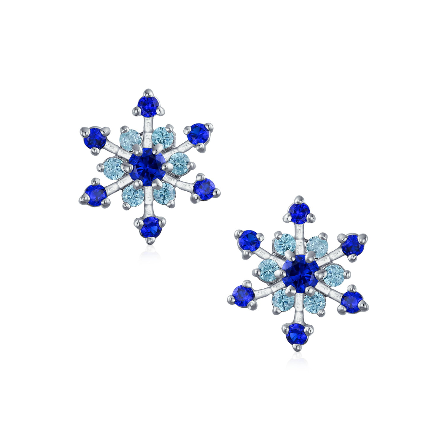 Christmas Holiday CZ Royal Blue Aqua Cubic Zirconia Star Snowflake Stud Earrings For Teen For Women Silver Plated Brass