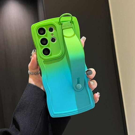Cute Curly Wave Frame Shape for Samsung Galaxy S24 Ultra Case, with [Adjustable Wristband Kickstand] Soft Silicone Rubber Shockproof Protective Multicolor Phone Cover for Women Girls, Green Skyblue