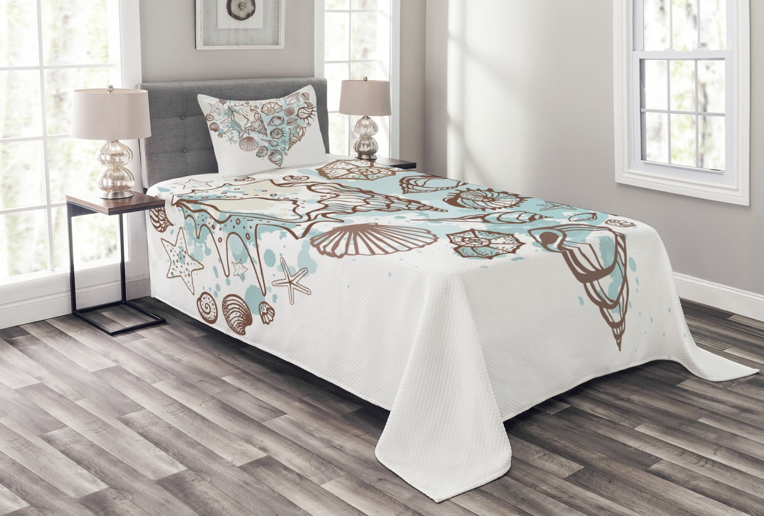 Nautical Bedspread Set Twin Size, Hand Drawn Seashells Scallop Starfish