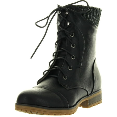 Flap Bootie - Refresh Womens Wynne-06 Combat Flat Style Lace Up Back Zipper Mid-Calf Bootie