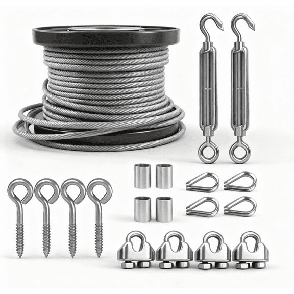 TooTaci 3/16 Wire Rope Kit, 100ft Galvanized Stainless Steel Cable with M6 Turnbuckles for String Light Hanging, Clothesline, Shade Sail