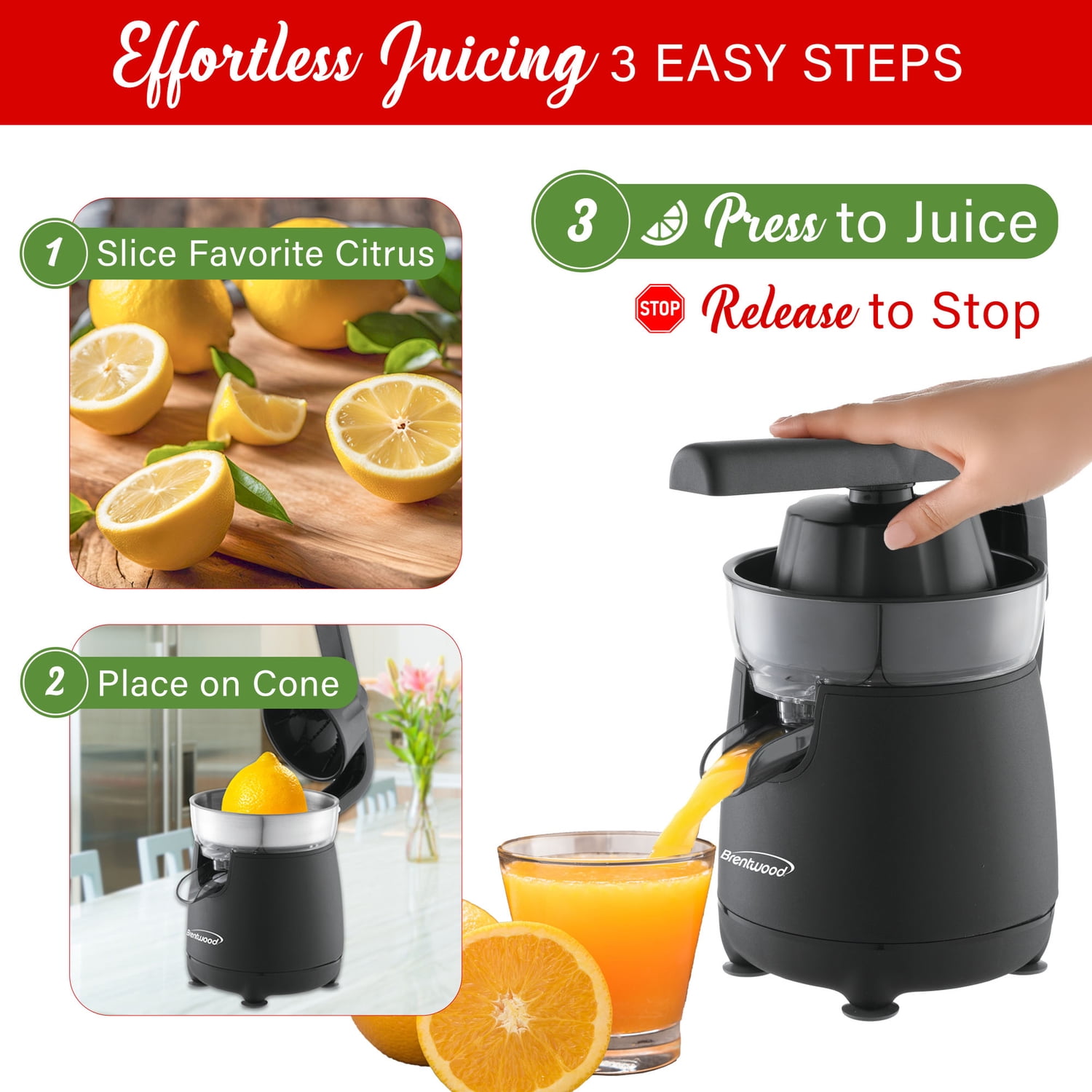 Brentwood 80-Watt 1-Speed Electric Citrus Juicer with Ergonomic Lever, Black, J-26BK