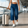 thumbnail image 5 of Cotton Pants Women Capri Jeans Wide Leg High Waisted Pull on Denim Pants Stretchy Loose Elastic Waist Pants with Pockets, 5 of 9