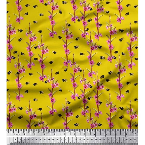 Soimoi Cotton Poplin Fabric Leaves,Floral & Honey Bee Insects Print Sewing Fabric Yard 56 Inch Wide