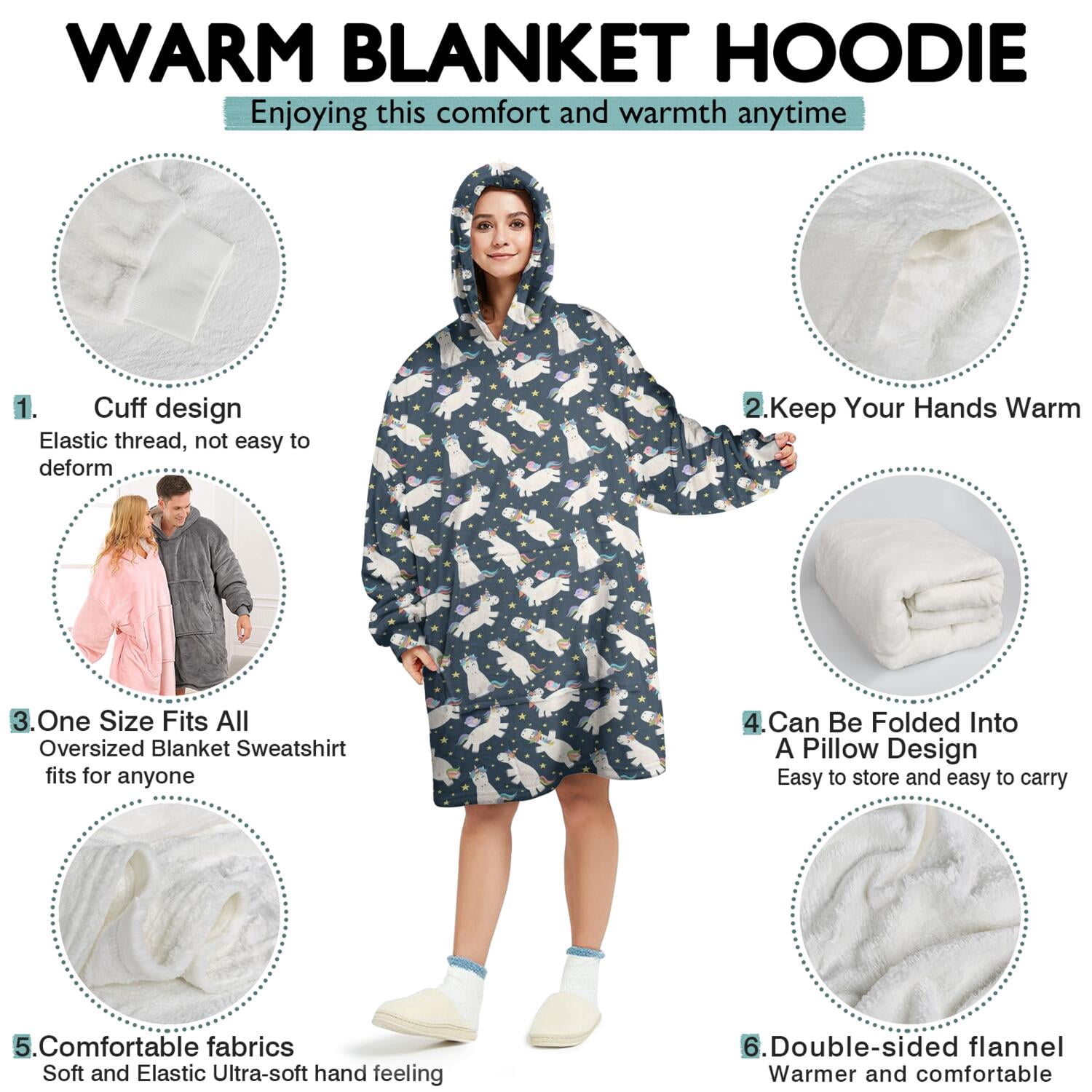 Wearable Oversized Blanket,Dark Blue Cartoon Unicorn Pattern Wearable Blanket Hoodie for Adults,Cozy Hooded Blankets with Super Pockets,Super Warm Fuzzy Pullover for Women & Men