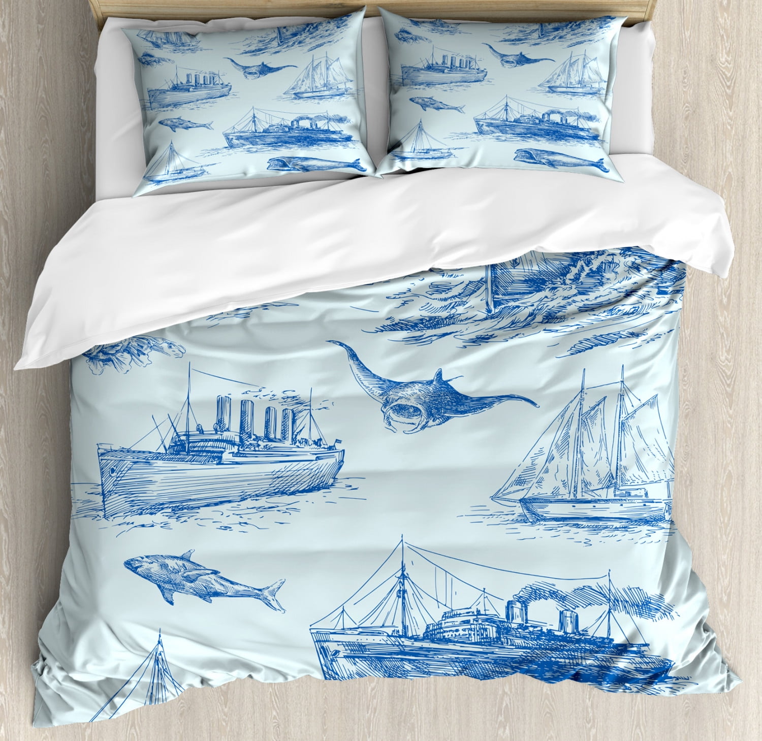 Nautical Duvet Cover Set, Nautical Underwater Wildlife Shark Ancient
