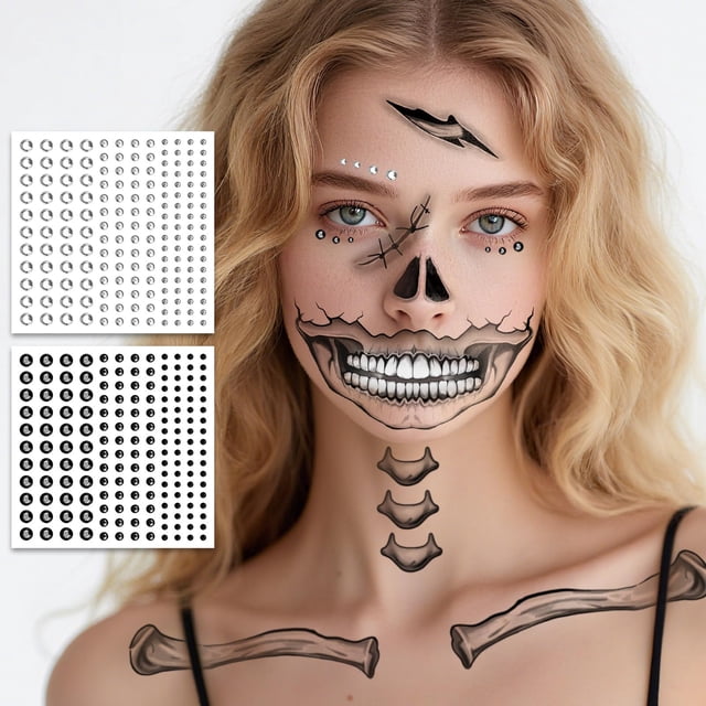 Tatuajes temporales Leesgel Halloween Skeleton Face con gemas