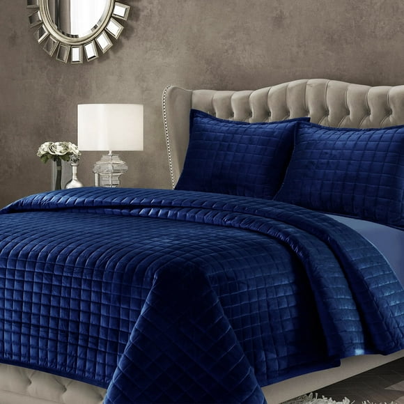 Juego de edredón Tribeca Living Luxury Velvet King Size, azul marino