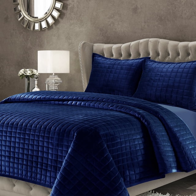 Juego de edredón Tribeca Living Luxury Velvet King Size, azul marino