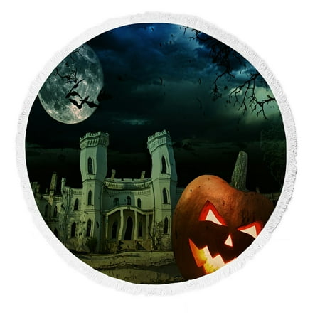 gckg moon beach towel pumpkin on halloween against scary old castle beach towel beach blanket