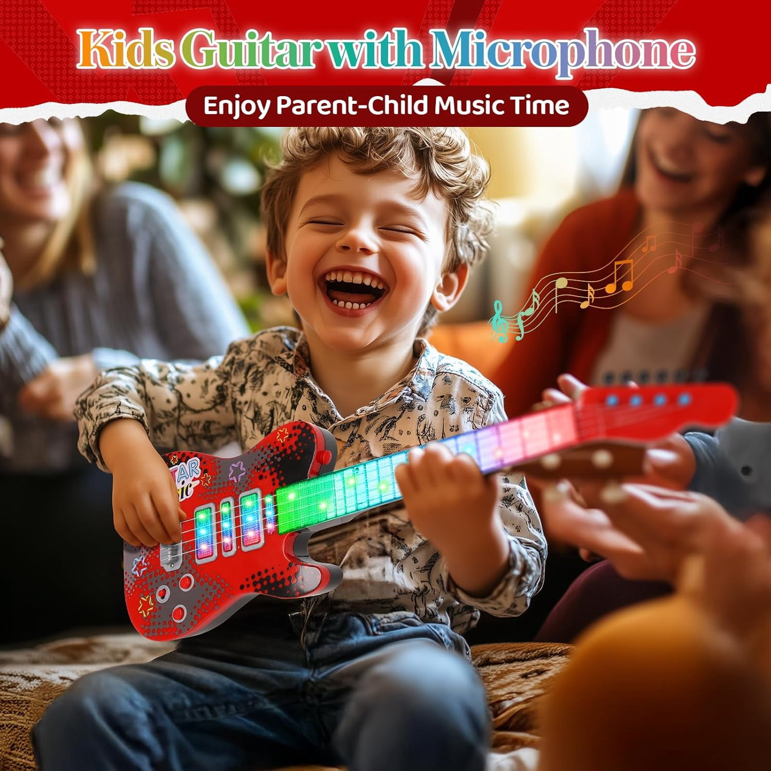 Kids Guitar and Microphone Playset, Electric Guitar Kit with Lifting Mic Stand, Toddler Toys Musical Instruments Starter Kit, Karaoke Machine Toys for Boys Girls Christmas Guitars Gifts
