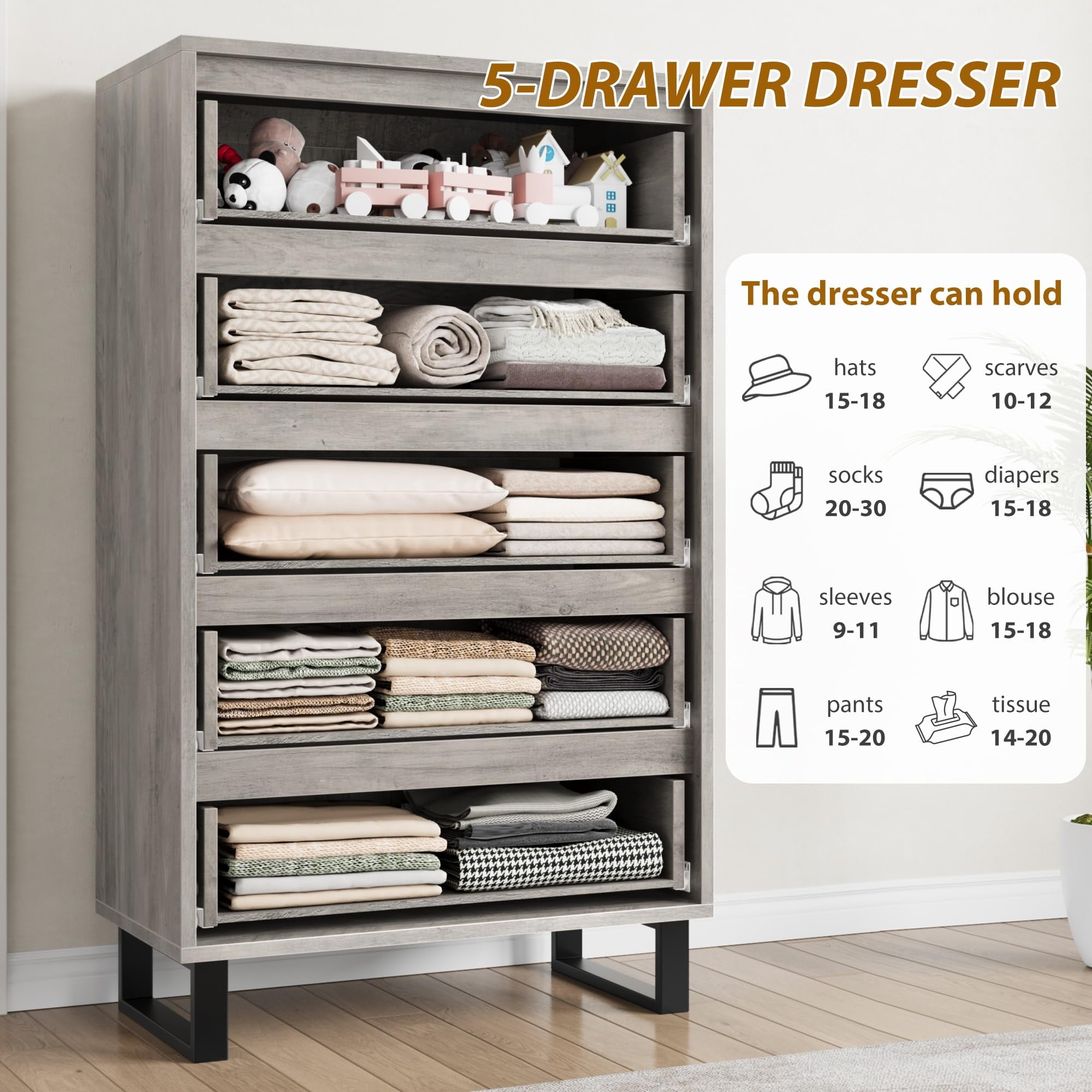 Modern 5-Drawer Chest - Height-Adjustable Base with Robot Vacuum Clearance