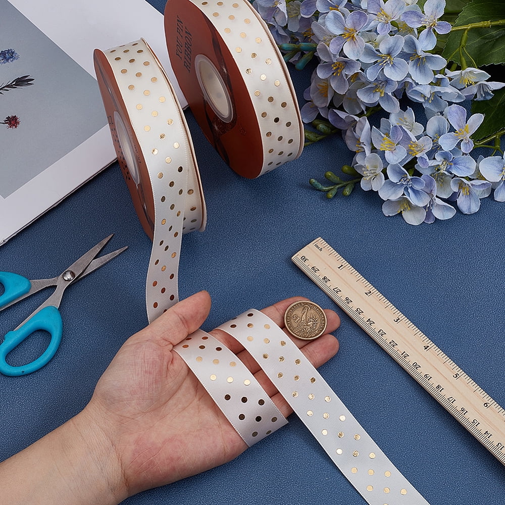 Gold Stamping Polka Dot Polyester Printed Ribbon for DIY Jewelry Making Gift Packaging White 1 inch(26mm) 50.00 Yards(45.72m)/Roll
