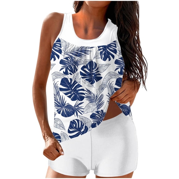 LPZOOGU Women's Modest Tankini Set, Blue Tropical Leaf Print Sleeveless Top with High Waist Shorts, Beach Bathing Suit