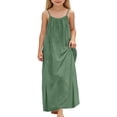 thumbnail image 2 of Girls Summer Print Dresses Flowy Spaghetti Strap Bow Ruched Waist Casual A-Line Sundress Army Green 13-14 Years, 2 of 6