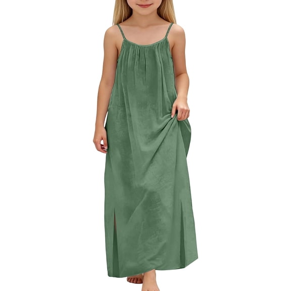 WAYUTE Girls Dress Sleeveless Flowy Spaghetti Strap Sundress with Pockets Solid Color Comfort Casual Summer Dailywear