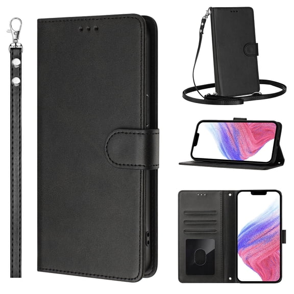 Wallet Case For Samsung Galaxy A36 5G, Premium PU Leather Flip Folio Cover [3 Card Slots & ID Window], Detachable Adjustable Shoulder/Crossbody Strap, Kickstand, Magnetic Clasp Case, Black
