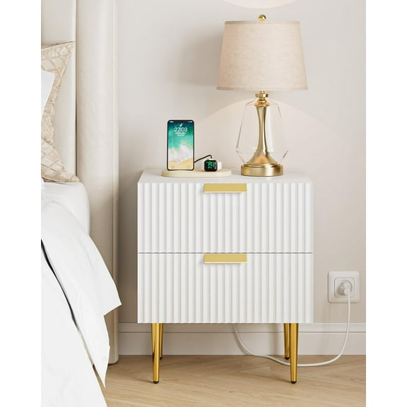 Nightstand with Charging Station, Bedside Table with Gold Frame,White Night Stand, End Table with 2Drawer, Mid Century Modern Bedside Table, Dresser for Bedroom,Living Room