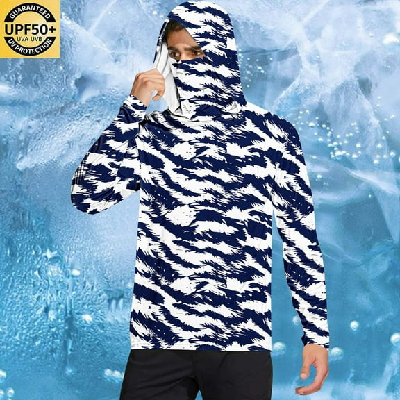 DDAPJ pyju Men's Performance Fishing Hoodie Shirt UPF 50  Sun Protection Long Sleeve Hooded Shirts with Face Mask Dark Blue L
