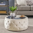 thumbnail image 1 of Table Basse Ottomane en Velours et Verre Trempé Design Capitonné Rond Parfait pour les Salons Glam Beige, 1 of 5