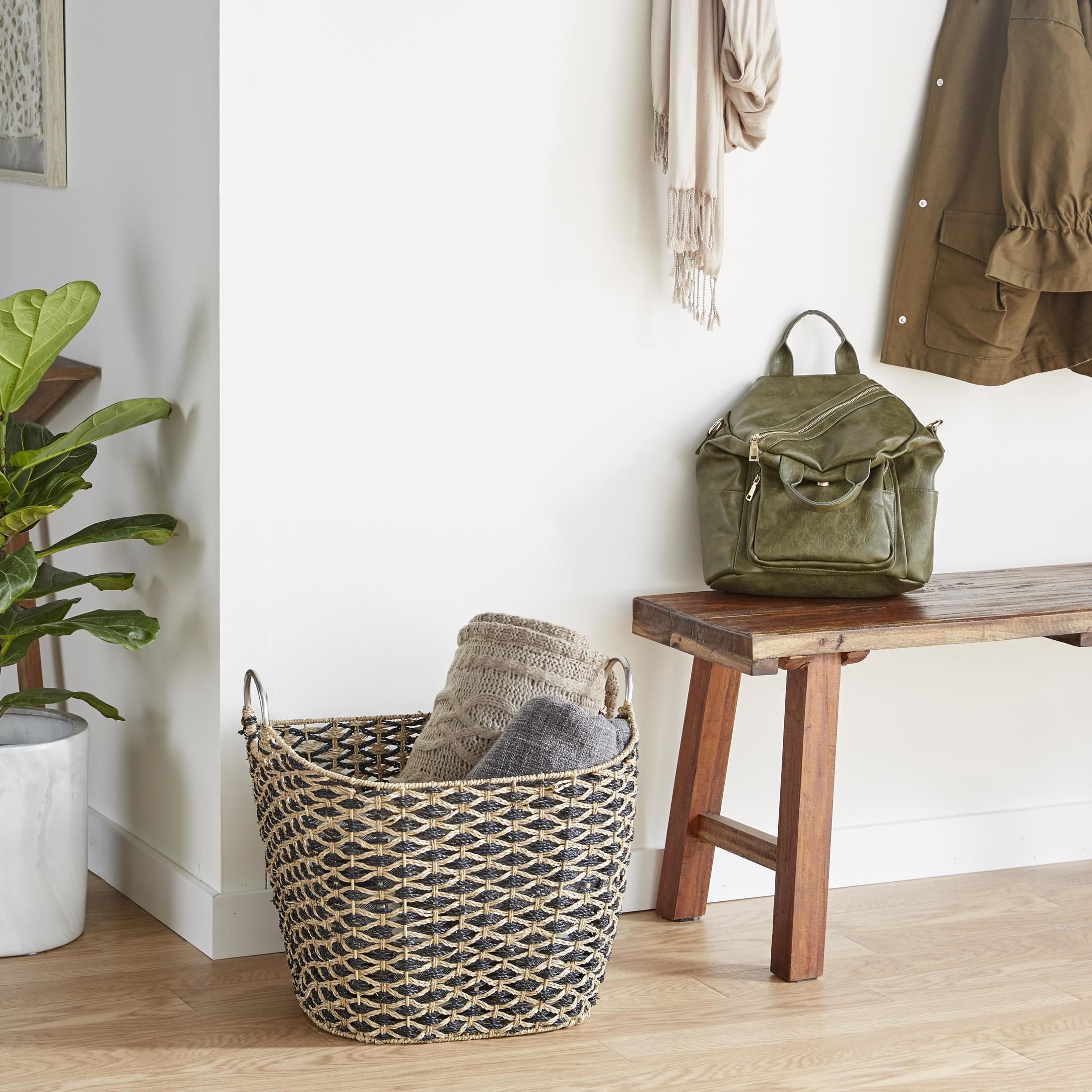 DecMode 21" x 21" Brown Seagrass Handmade Storage Basket with Metal Handles, 1-Piece