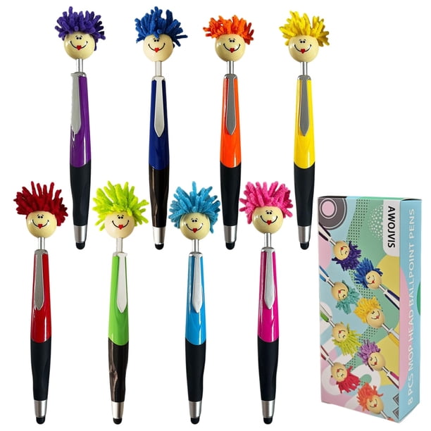 Bolígrafos Bolígrafo 8 bolígrafos con cabeza de fregona, divertido bolígrafo Mophea con pelo de felpa, bolígrafo de clic, portátil, lindos dibujos animados, multifunción, bolígrafos para firmar, decor