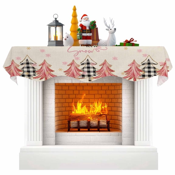 Christmas Tree Fireplace Mantle Scarf, Winter Xmas Yellow Pink Snowflake on Linen Mantel Cover Table Runner for Home Living Room Door Window, Indoor Outdoor Holiday Party Decor 17" x 90"