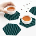thumbnail image 7 of Fuzoiu Black And Teal Checkerboard Print Leather Coasters Set,Drink Coasters Set of 6,for Tabletop Protection, Durable PVC Coasters,Home Décor and Housewarming Gift,Hexagon, 7 of 7
