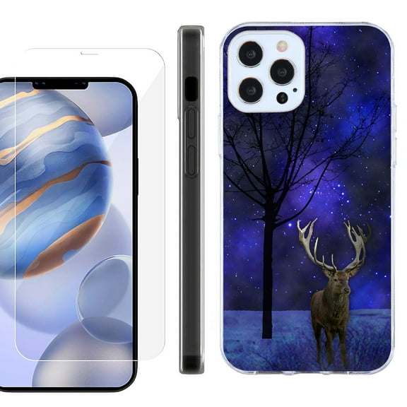 Slim Fit Protective Phone Case for Apple iPhone 12 / iPhone 12 Pro, with Tempered Glass Screen Protector, by OneToughShield ® - Midnight Deer