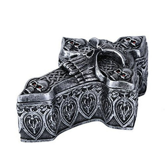 Celtic Skull Ossuary Style Cross Shape Coffin Lidded Trinket Box 6.5 inch L