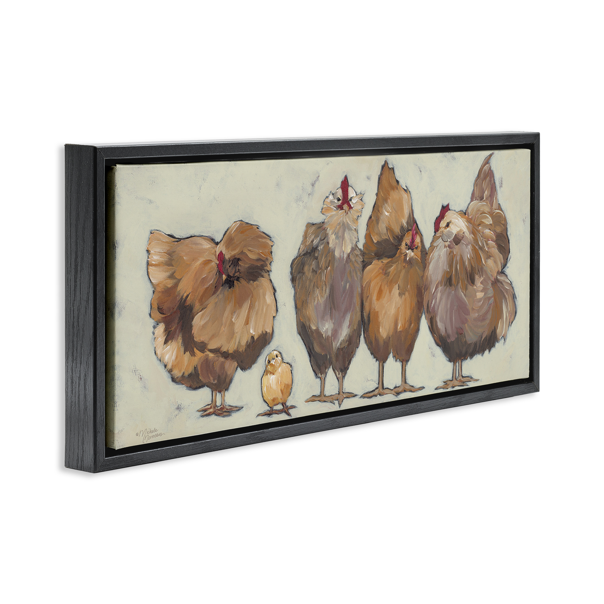 Stupell Industries Brown Hens and Chick Animals & Insects Painting Black Floater Framed Canvas Art Print Wall Art, 31 x 14