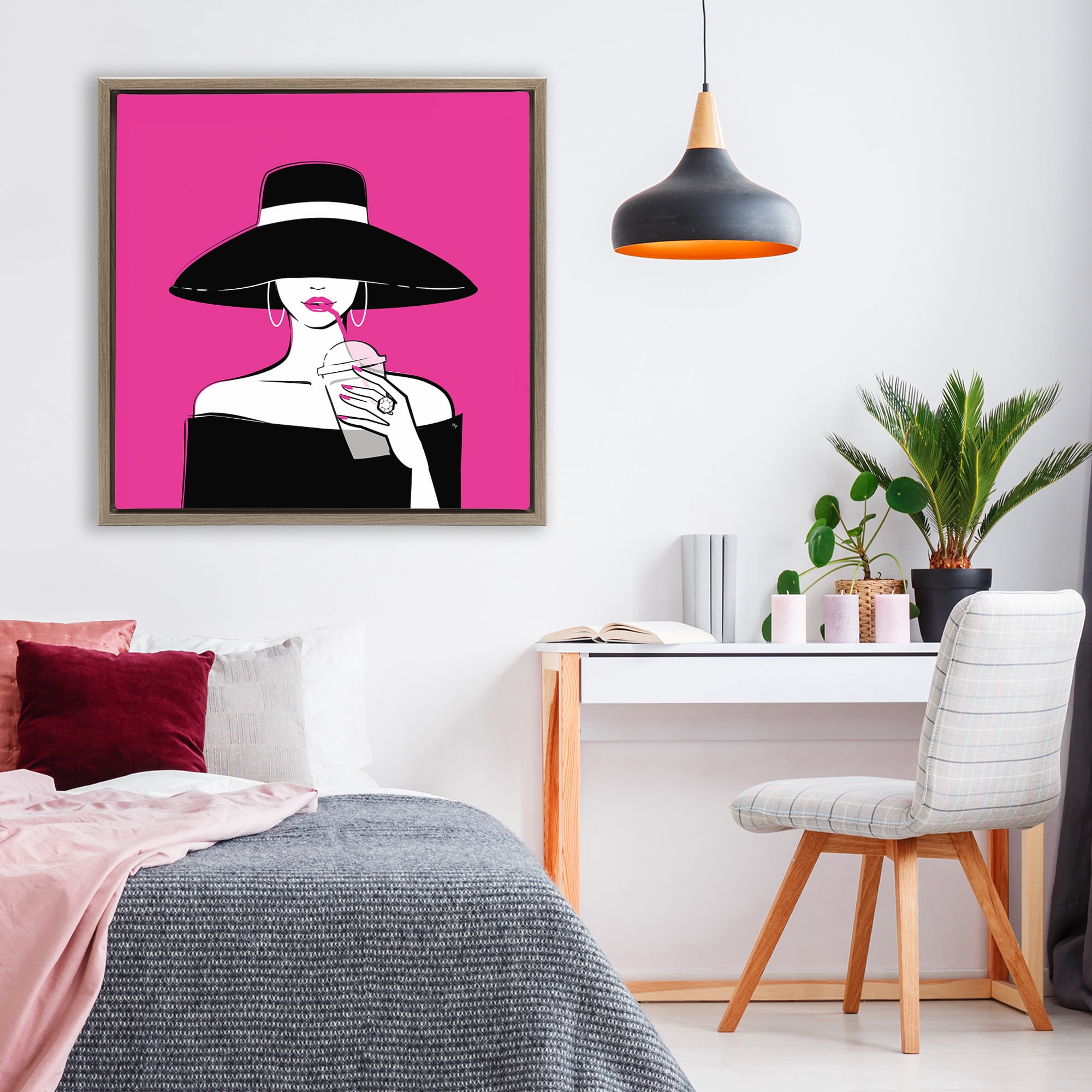 Stupell Industries Black Hat Glamourous Woman Brown Framed Floater Canvas Wall Art, design by Martina Pavlova