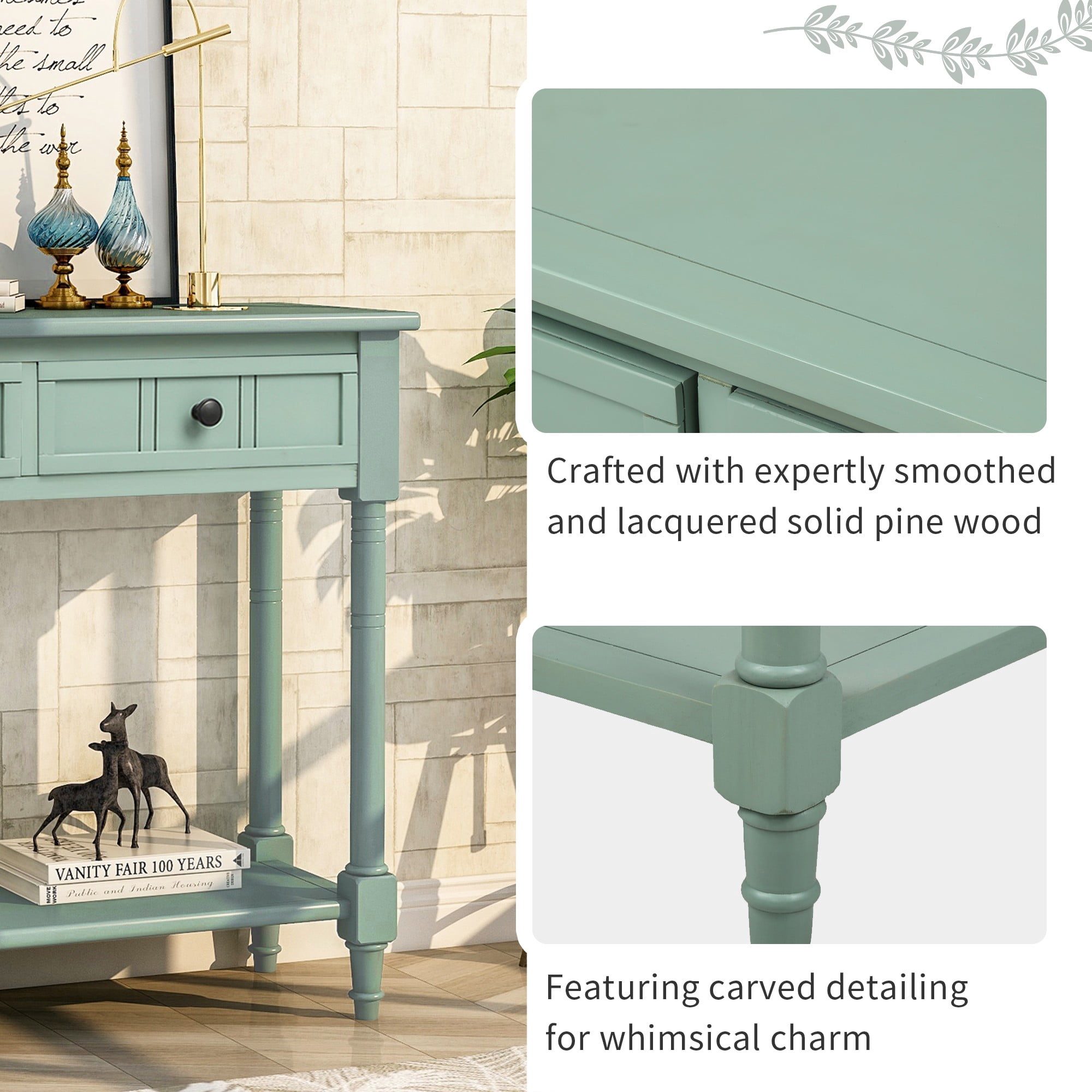 35" Console Table with Drawers,Wood Entryway Table Hallway Table with Open Storage for Living Room,Entryway, Hallway,Retro Blue