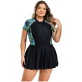 thumbnail image 3 of Riismen Maillot de Bain une Pièce pour Femme, Grande Taille, Manches Courtes, Rembourré, Fermeture Éclair, Robe de Bain, Plage, Noir Vert 3TG, 3 of 7