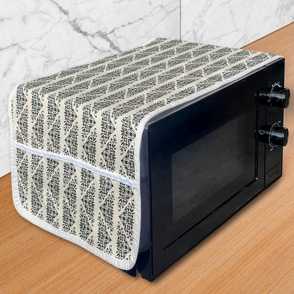 Ethnic Microwave Oven Cover, Ottoman Oriental Retro Curly Floral Leaf Middle Eastern Pattern, Water Resistant Organizer with Pockets for Kitchen, 36" x 12", Eggshell Dark Blue Grey, by Ambesonne