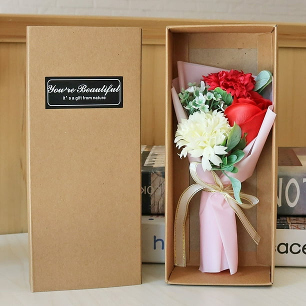 Xihbxyly Caja de Regalo con 3 Rosas de Jabón, Ramos Rojos, Rosas y Azules, Incluye Pequeñas Margaritas y Claveles, Elegante Empaque de Papel Kraft, Ideal para El Día de La Madre, 1 Caja.