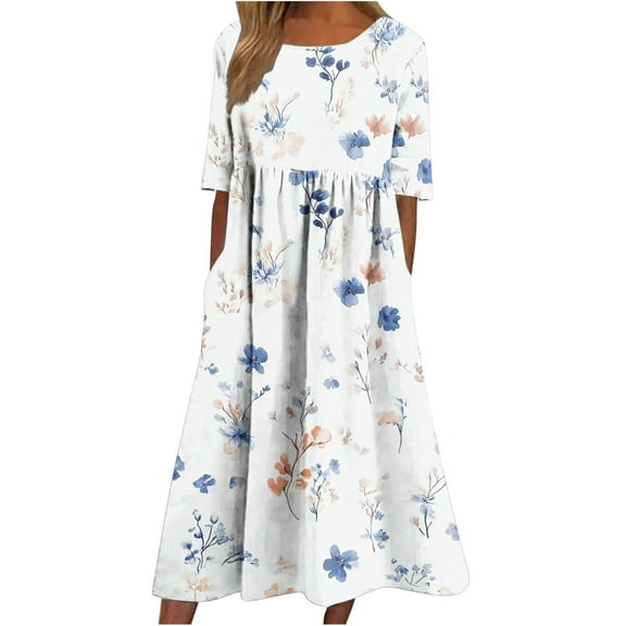 Generic Womens Plus Size Short Sleeve Dress Summer Midi Casual Tiered Crew Neck Aline Flowy Loose Dresses with Pockets