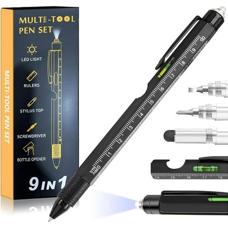 One Pen Nine Functions 2026 Upgraded 9 in 1 Multitool Pen with LED Light Metal Ballpoint Pens with Ruler Touch Screwdriver LED Light Screwdriver Opener