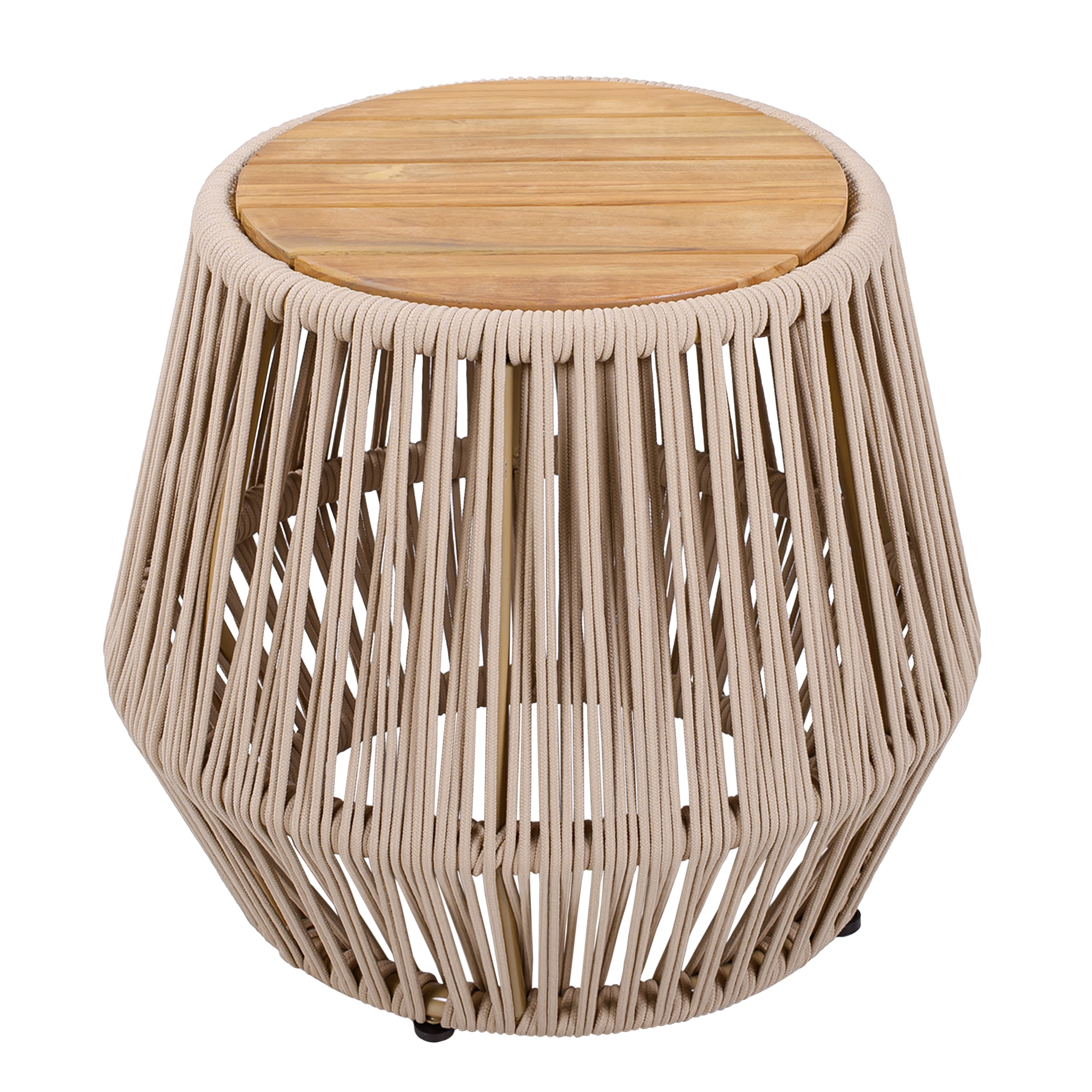 Side Table, Outdoor Acacia Wood Table with Beige Rope Base for Patio Balcony Garden, Teak