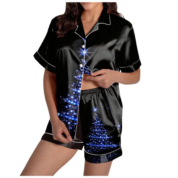 felwors Women Christmas Pajamas Set Silk Satin Short Sleeve Button Down Top and Shorts Plus Size Soft Sleepwear Lounge Xmas Pjs Blue, XL