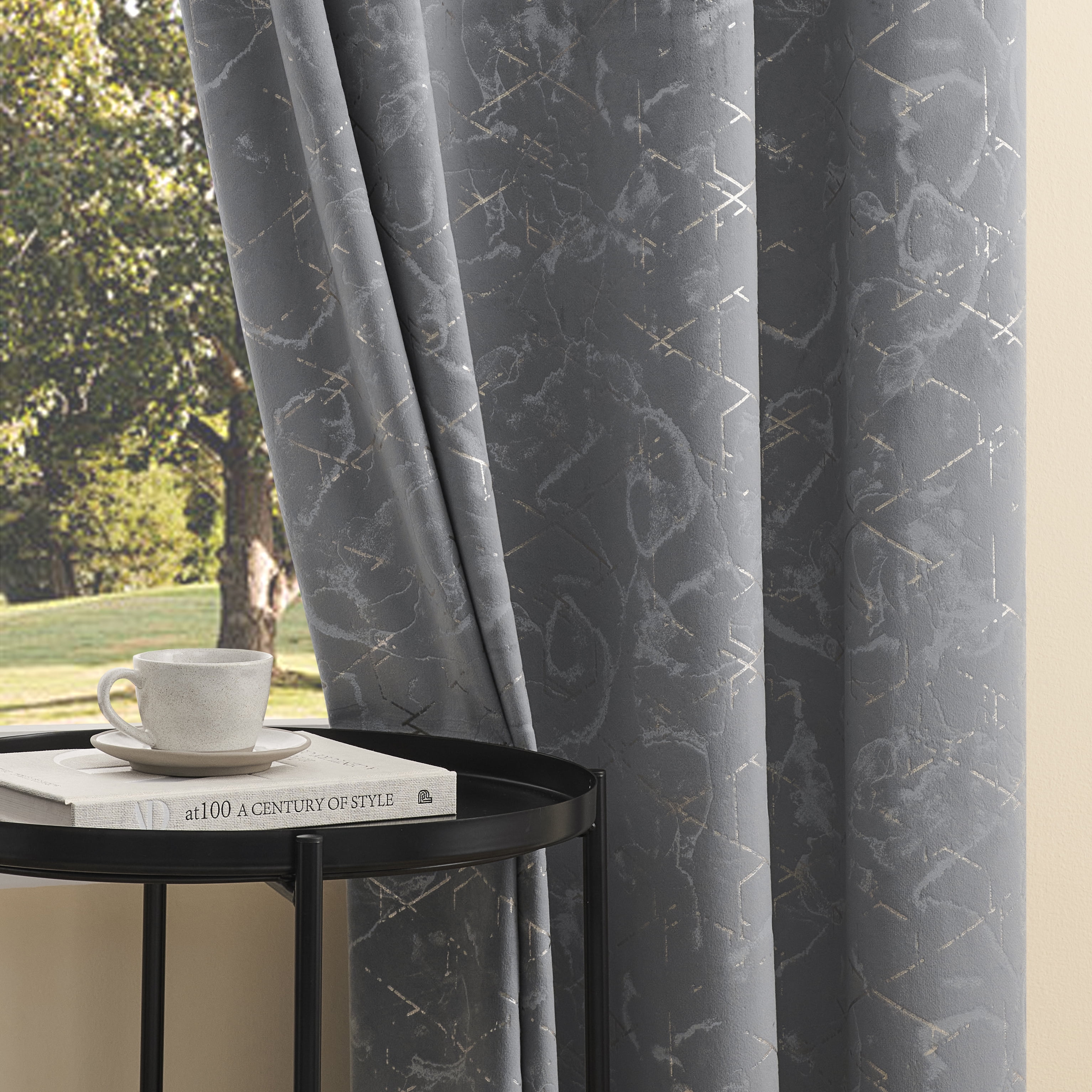 Mumo Luxury Gray Velvet Curtains with Gold Foil Print Shiny Geometric Line Pattern,Grommet Blackout Curtains for Living Room Bedroom,2 Panels,52"×63"