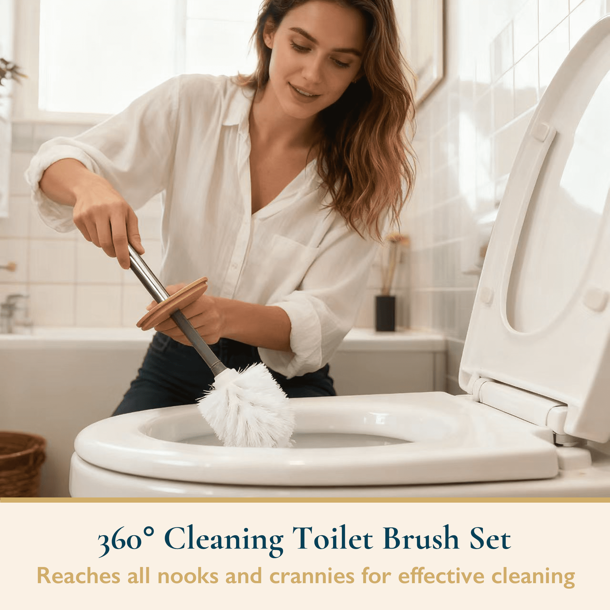 ComfiTime 24PCS Bathroom Accessories Set - Bathroom Essentials W/ Shower Curtain, Trash Can, Toilet Brush, Tumbler, Toothbrush Holder, Soap Dispenser, Soap Holder, Qtip Holders & African Net Sponges