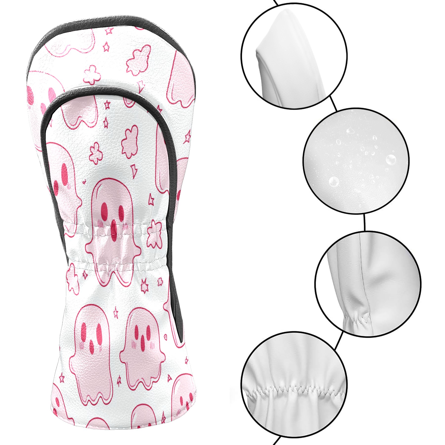 Golf Club Covers, LightPink Cartoon Ghosts Premium PU Leather Driver Hybrid Putter Head Covers with Velvet Lining, Waterproof Golf Gifts for Men Women